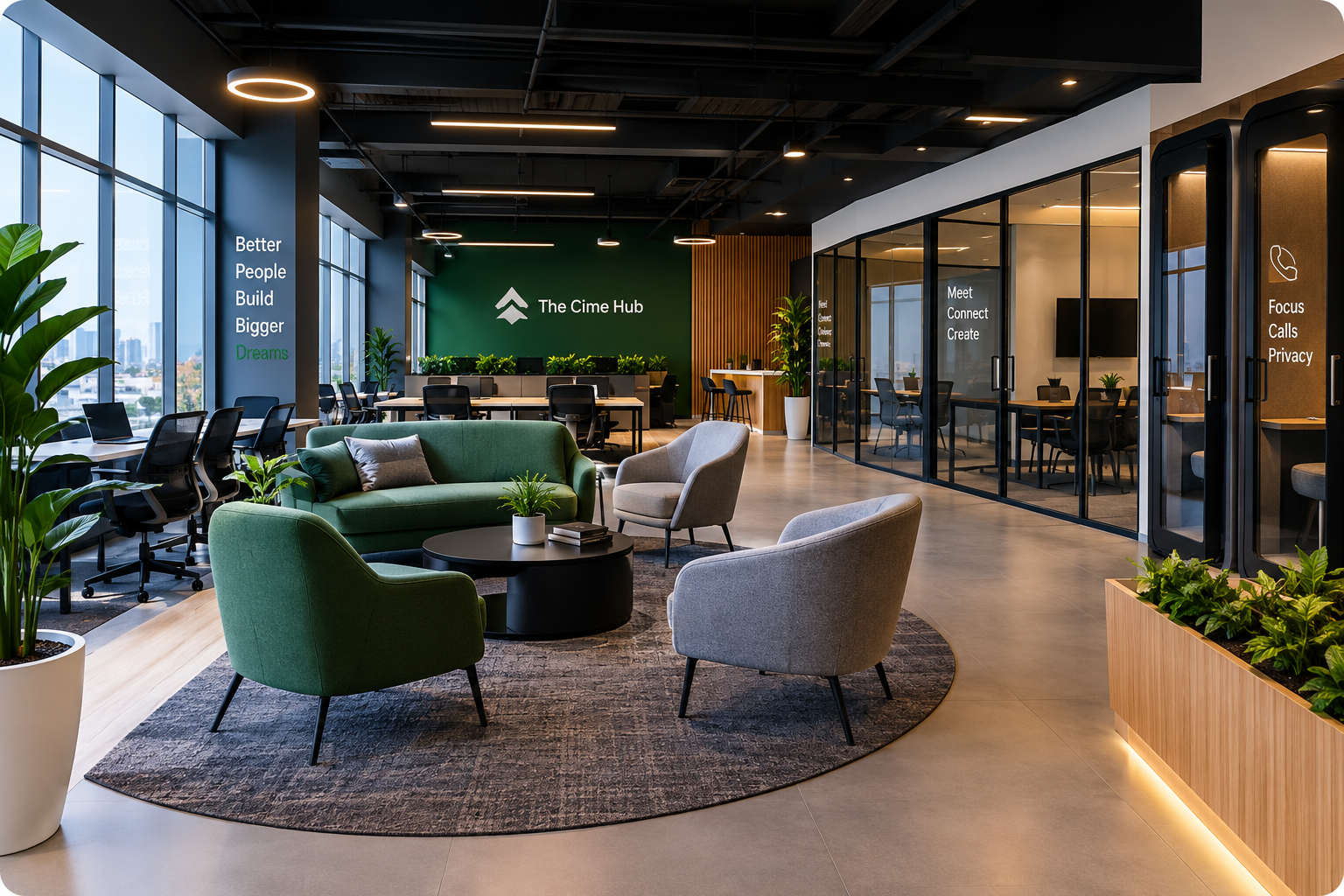 Lounge seating, meeting rooms and call booths inside The Cime Hub