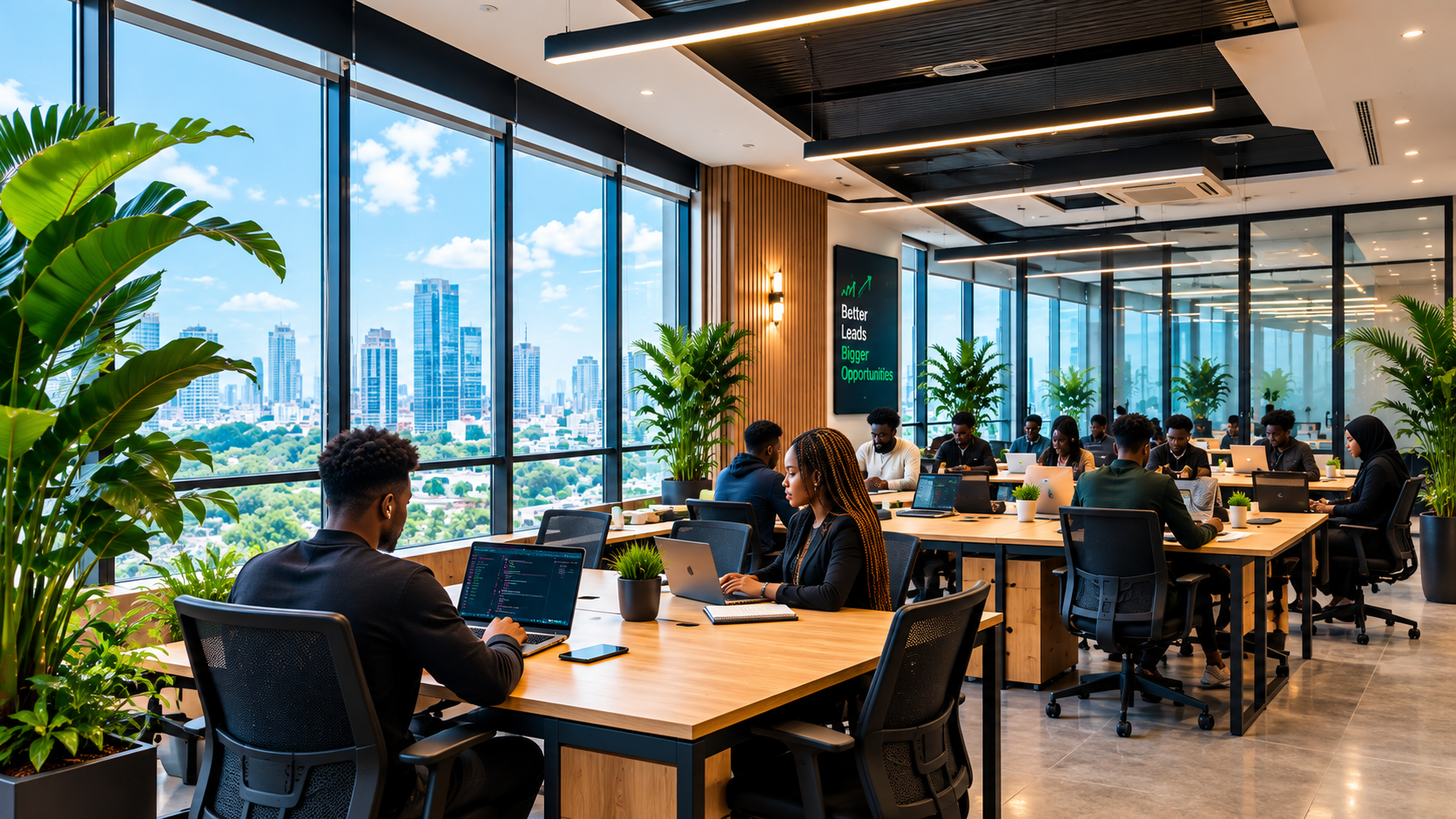 Members working at shared desks in The Cime Hub, with a city view through the windows